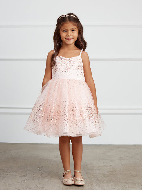 Vestido de dama de honor junior de tul con lentejuelas y correa de espagueti malva para niñas grandes 8-12